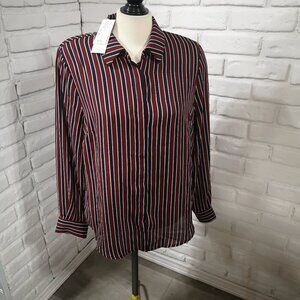 NWT Cleo Ladies Size Large Navy Burgundy Cream Striped Loose Fit Blouse